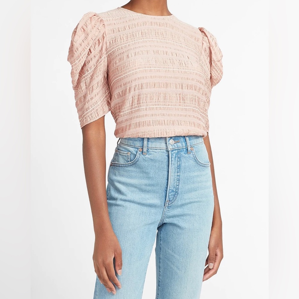 Express Textured Puff Sleeve Crew Neck Top Blouse